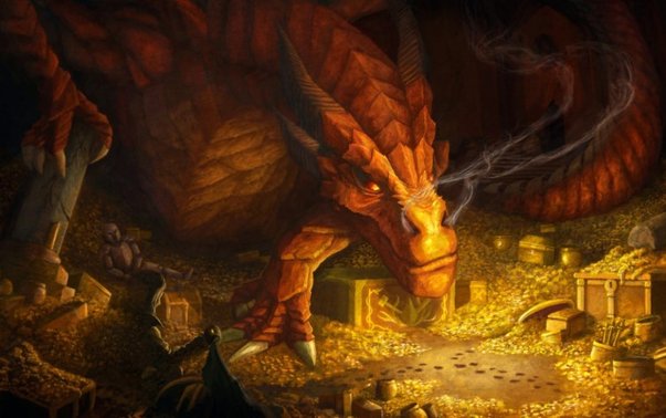 O Dragão Smaug sentado sobre o ouro de elfos, homens e anões